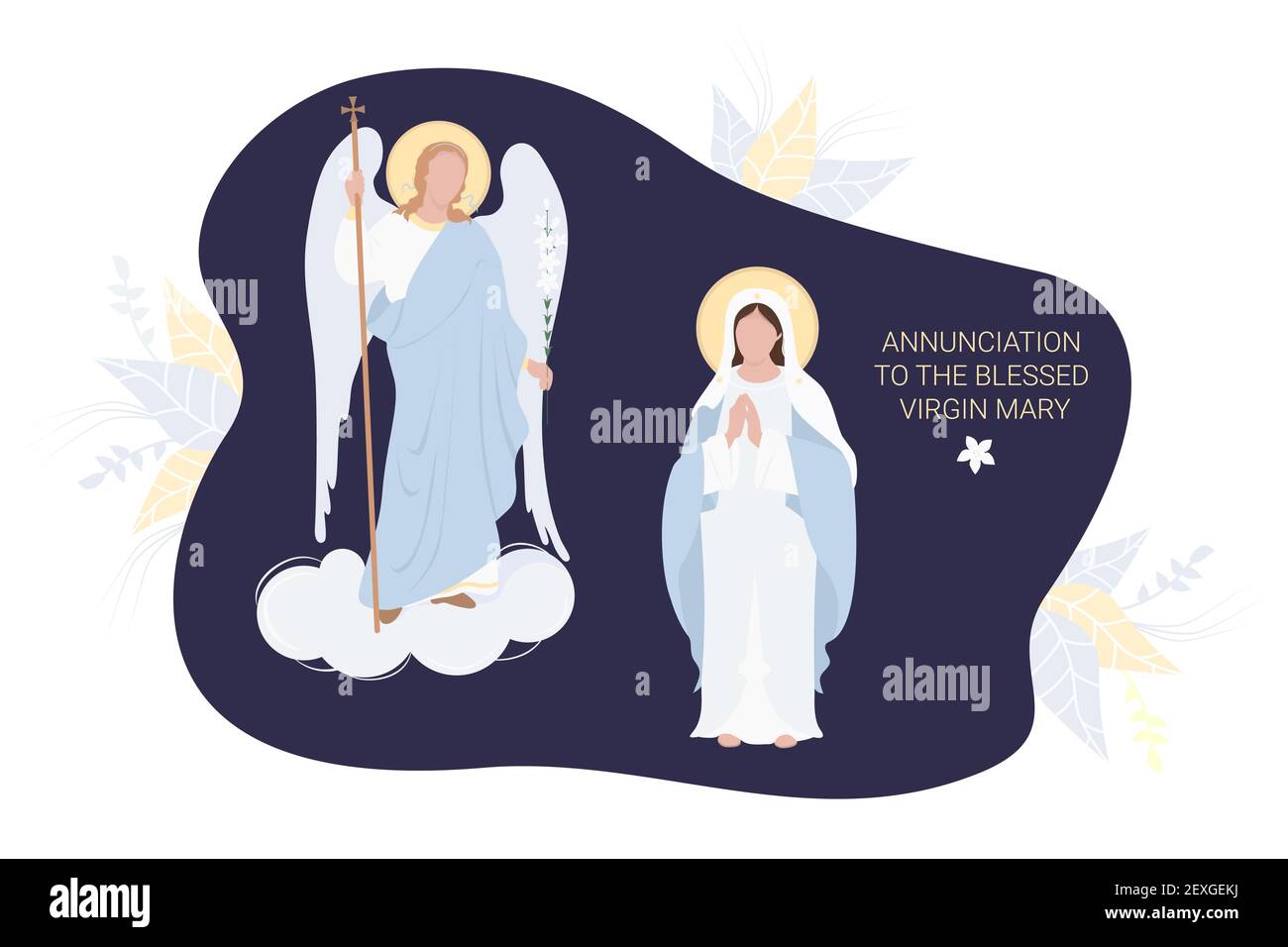Annunciazione alla Beata Vergine Maria. La Vergine Maria in una maforia blu prega mekly e l'Arcangelo Gabriel con un giglio. Illustrazione vettoriale Illustrazione Vettoriale