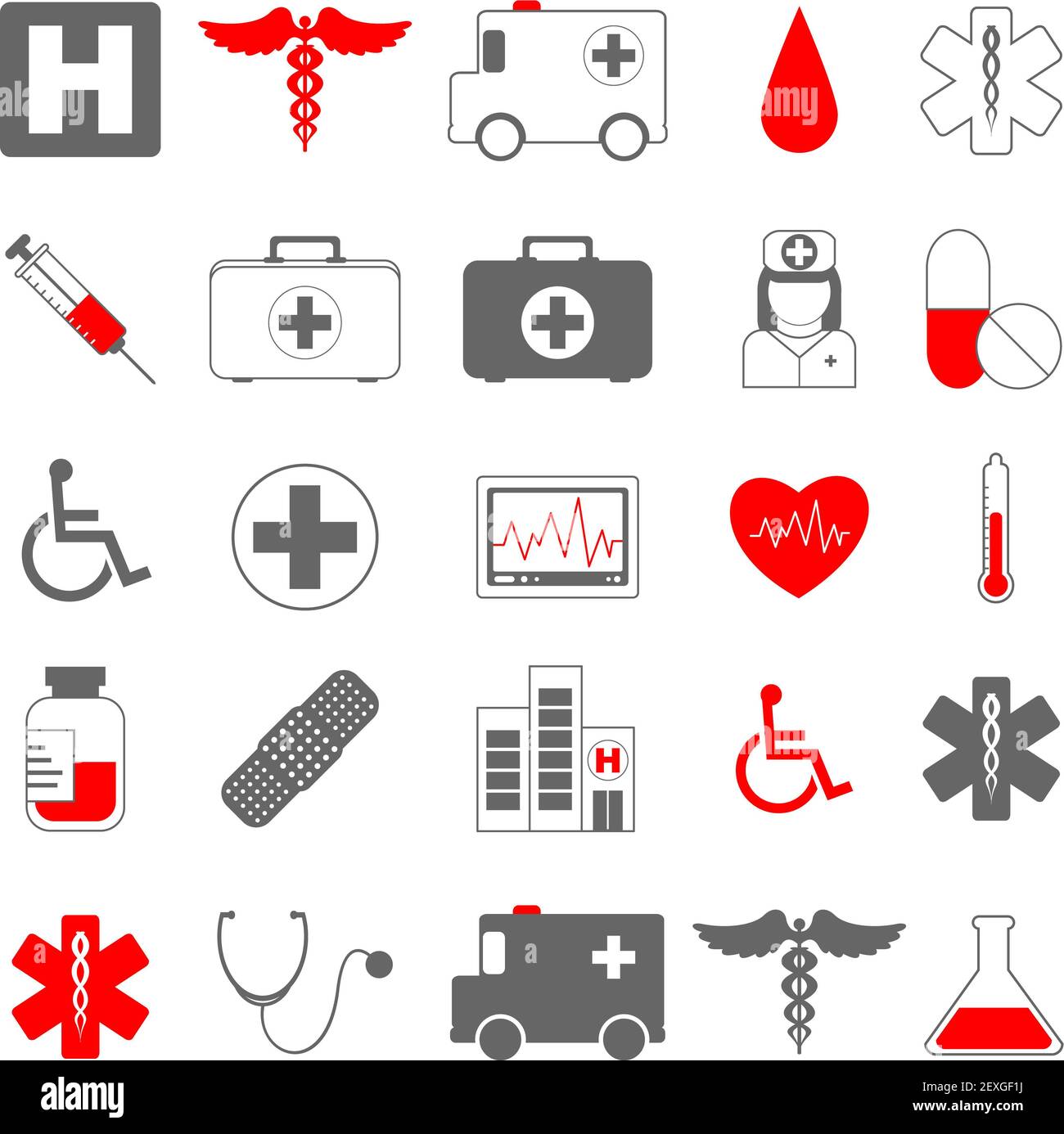Sanità e medicina icone vettoriali Foto Stock