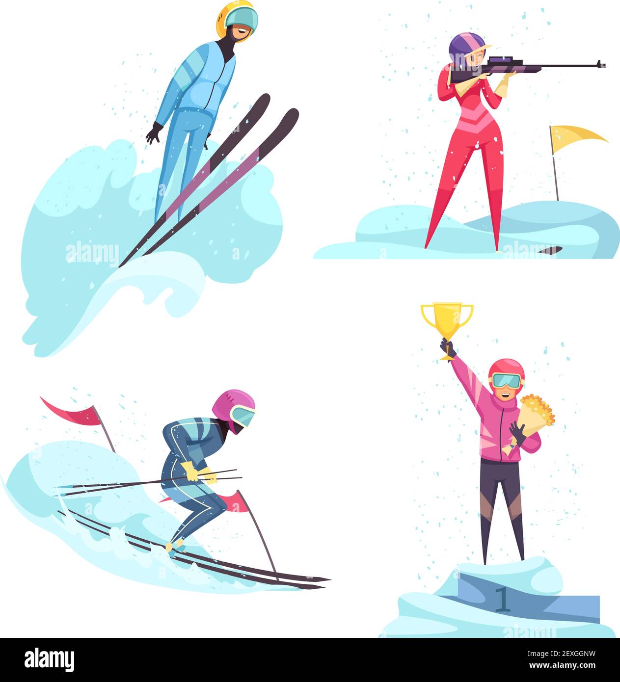 Icone di concetto di sport invernali con simboli di sci e biathlon illustrazione vettoriale isolata in piano Illustrazione Vettoriale