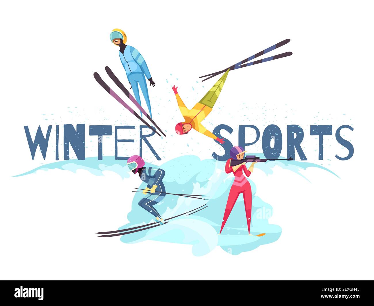 Concetto di sport invernali con salto sci alpino e simboli biathlon illustrazione vettoriale isolata in piano Illustrazione Vettoriale