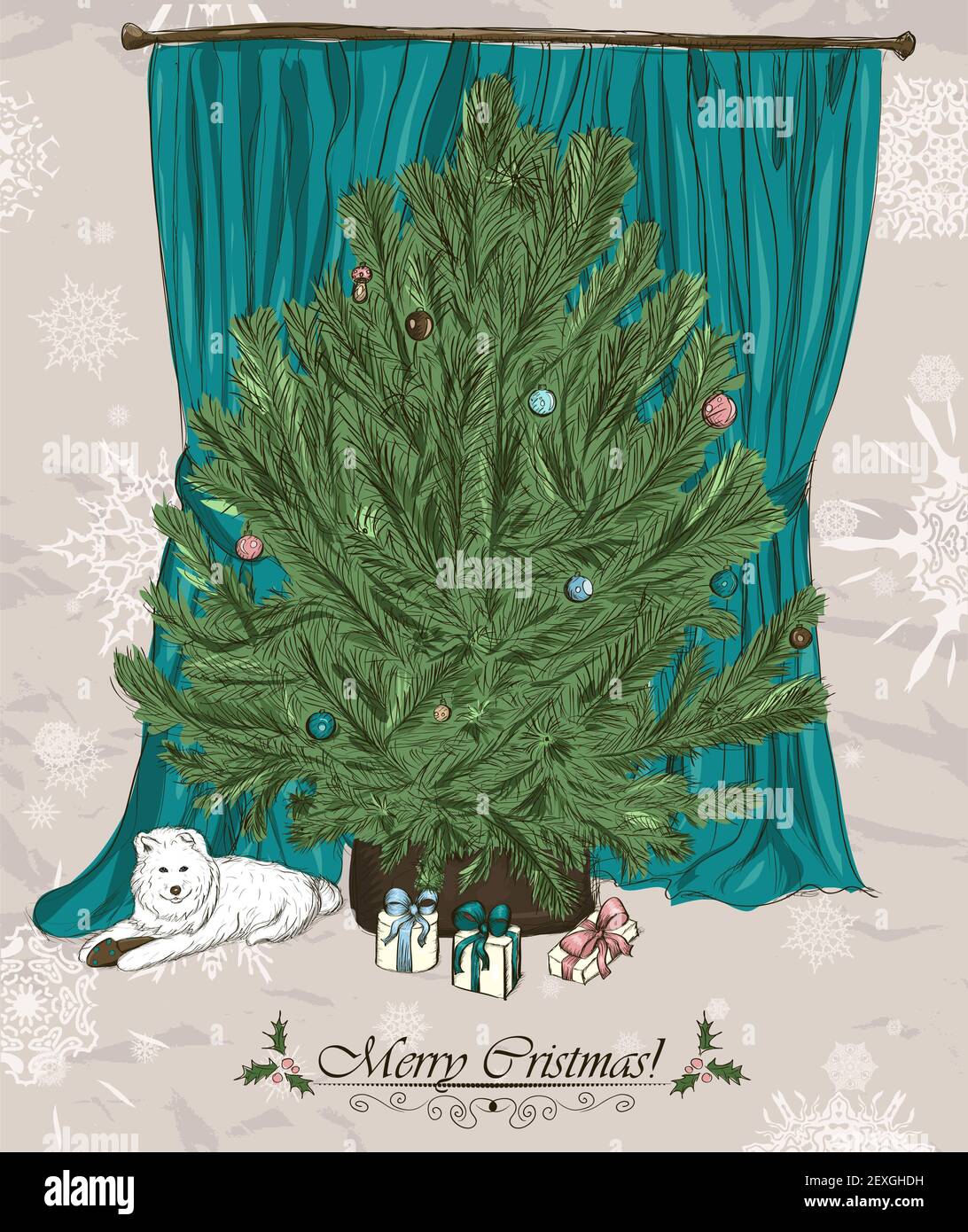 Cartolina di Natale vintage con albero di Natale. Foto Stock