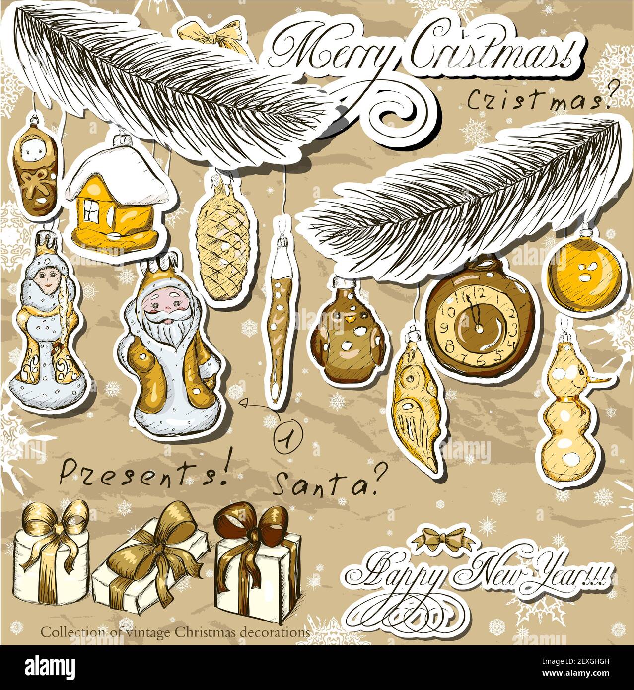 Poster con decorazioni natalizie d'epoca . Foto Stock