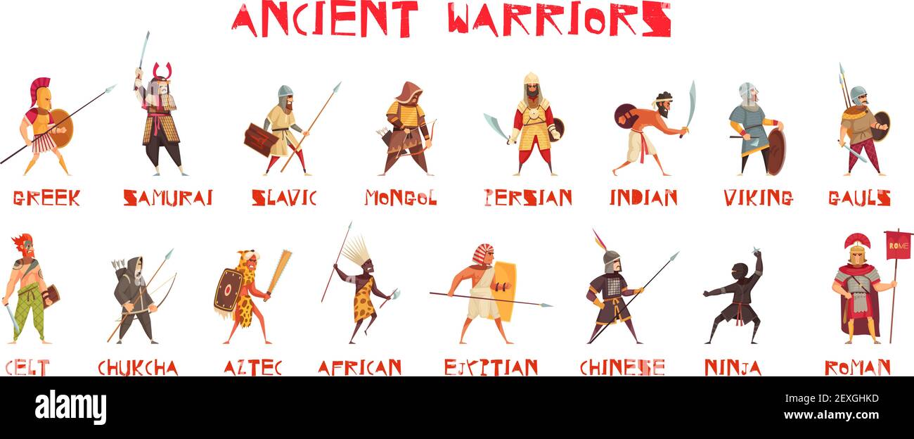 Antichi guerrieri set con armi nazionali piatta isolato vettore illustrazione Illustrazione Vettoriale