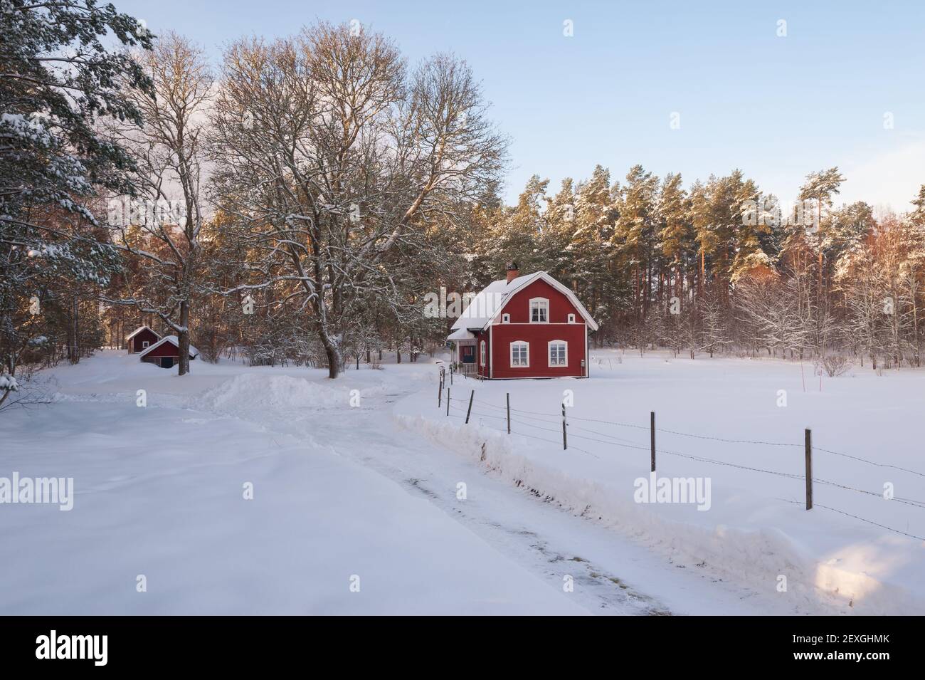 Casa in legno dipinta di rosso in Svezia Foto Stock