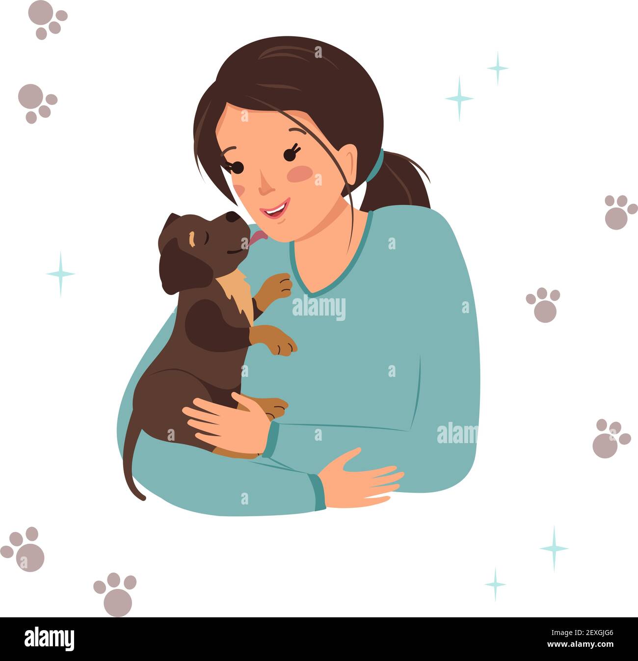 Una donna tiene in braccio un cucciolo di labrador Retriever Illustrazione Vettoriale