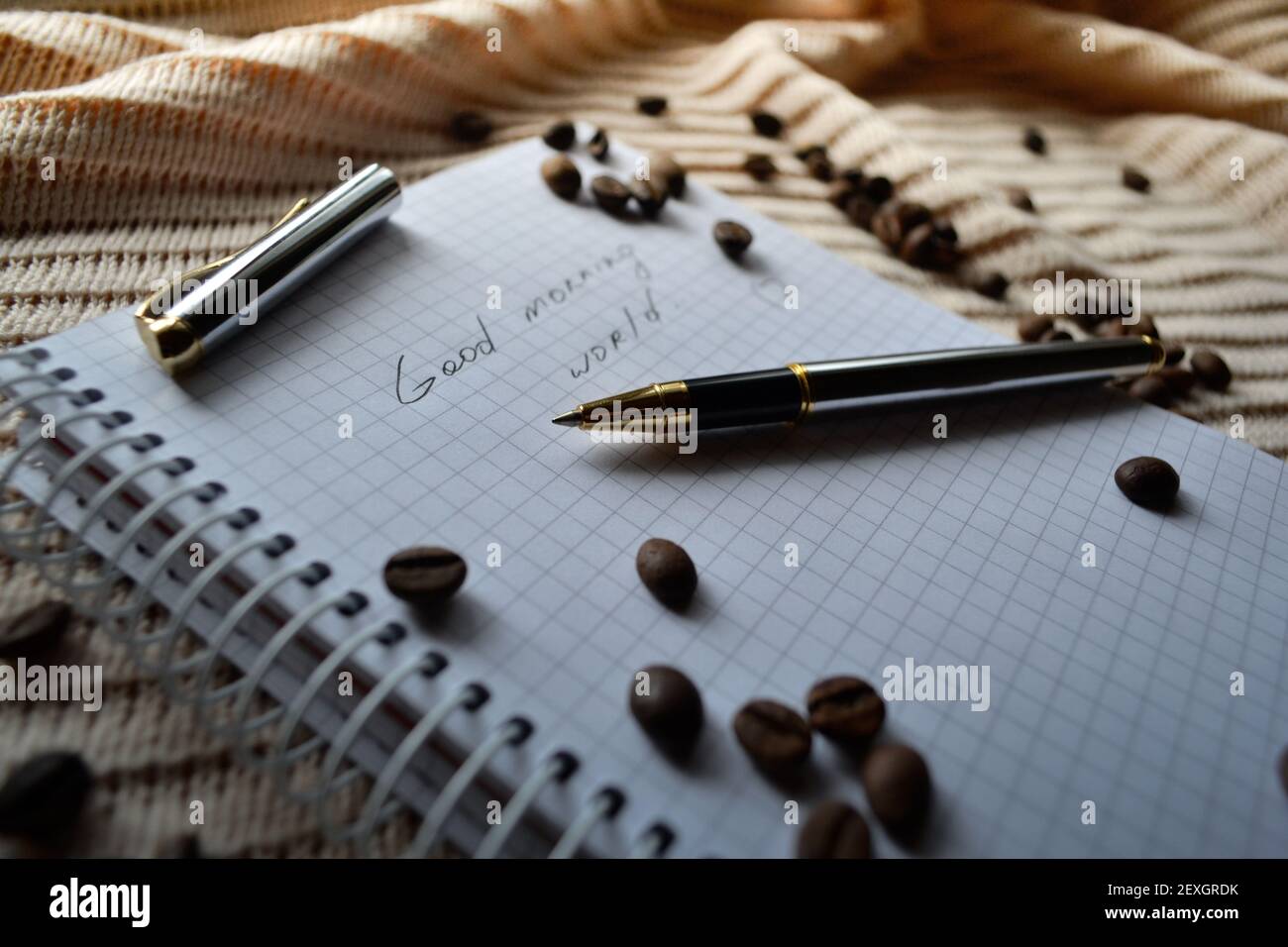 notebook su tessuto lavorato a maglia con penna su di esso Foto Stock