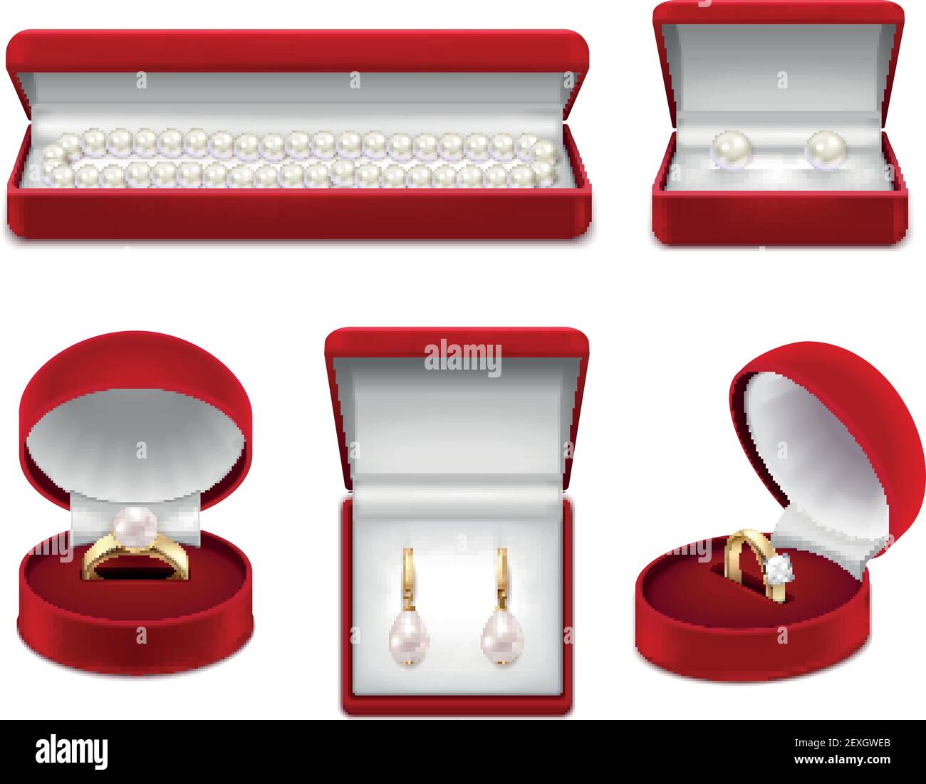 Set di gioielli realistici in oro con perle e gemma in caselle rosse, illustrazione vettoriale isolata Illustrazione Vettoriale