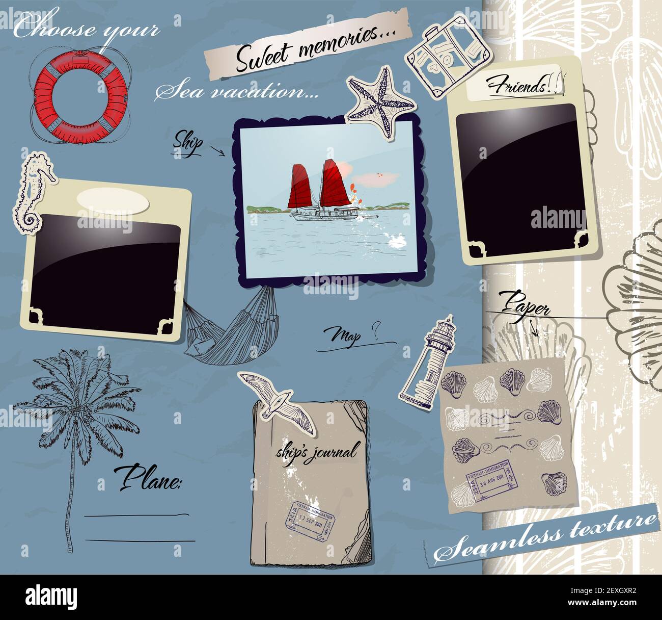 Poster Scrapbookng con elementi che viaggiano in mare. Foto Stock