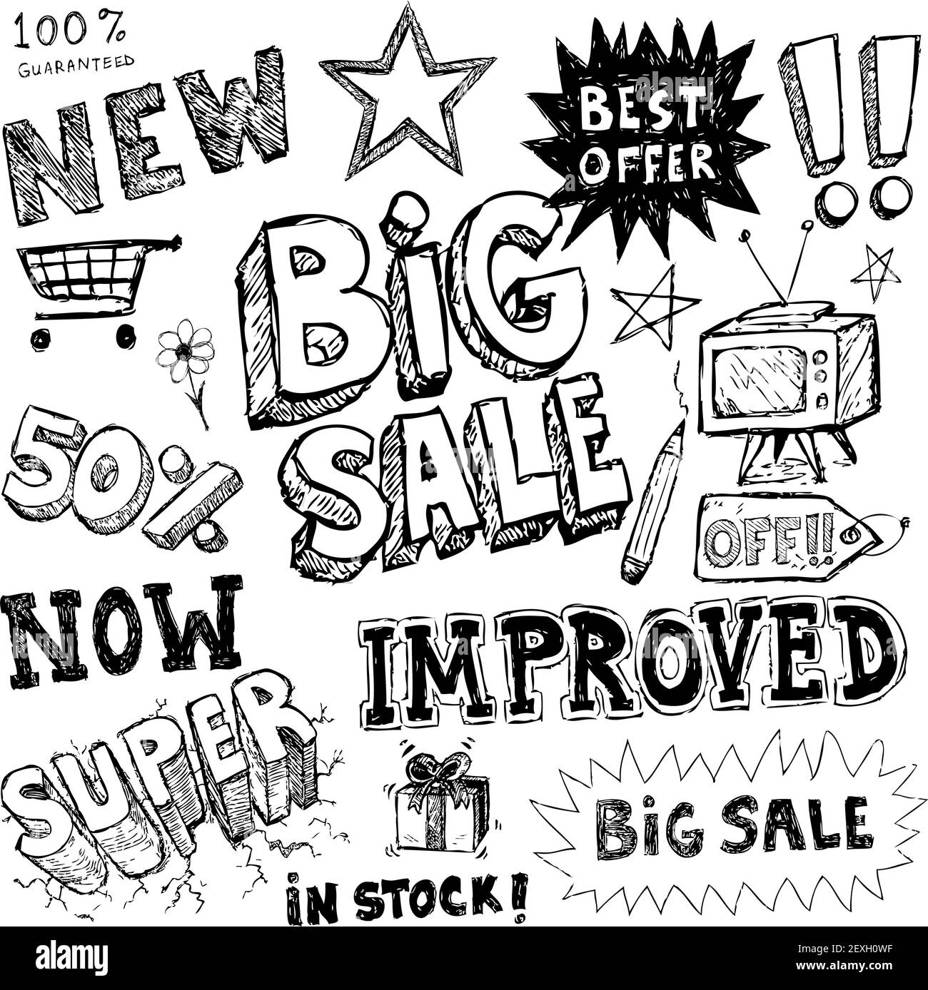 Doodles di vendita disegnati a mano Foto Stock