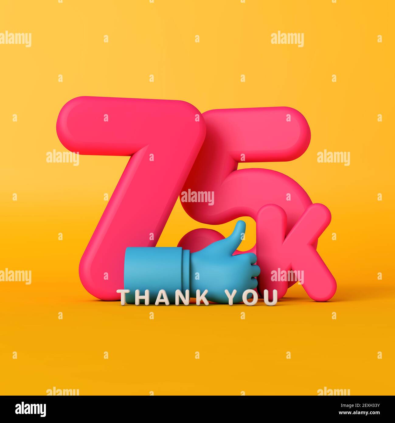 Grazie 75 mila seguaci. Banner sui social media. Rendering 3D Foto Stock