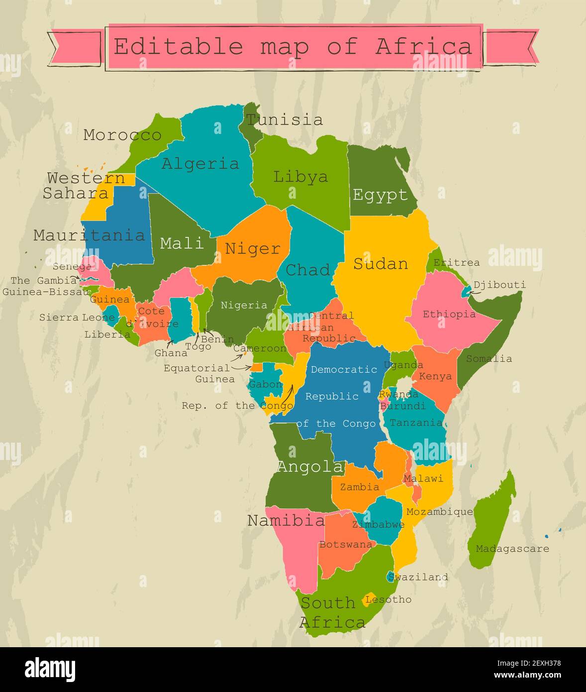 Mappa modificabile dell'Africa con tutti i paesi. Foto Stock