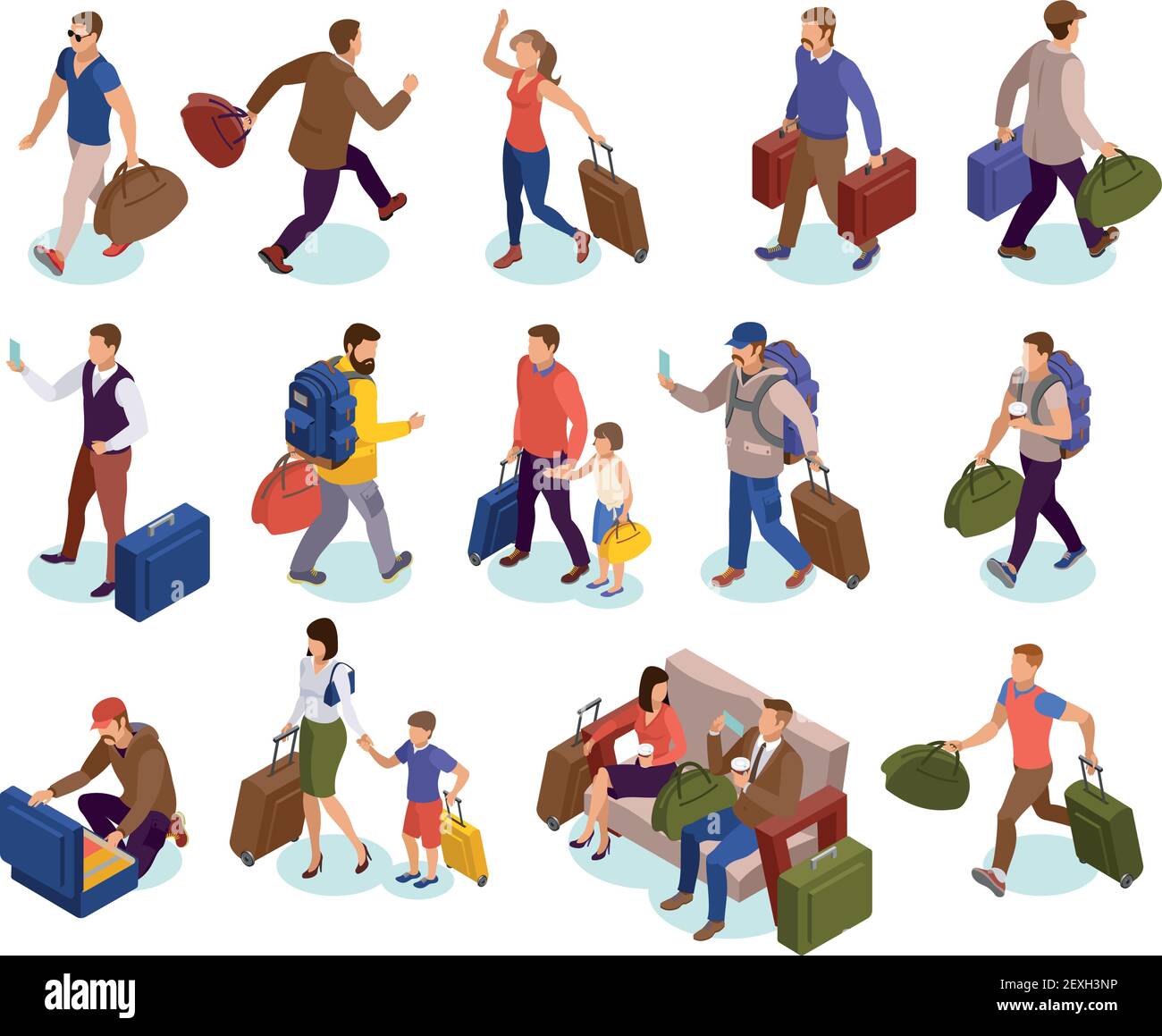Viaggi persone icone isolate insieme di caratteri con i bagagli in attesa precipitandosi a terra incontrando i passeggeri in arrivo illustrazione vettoriale isometrica Illustrazione Vettoriale