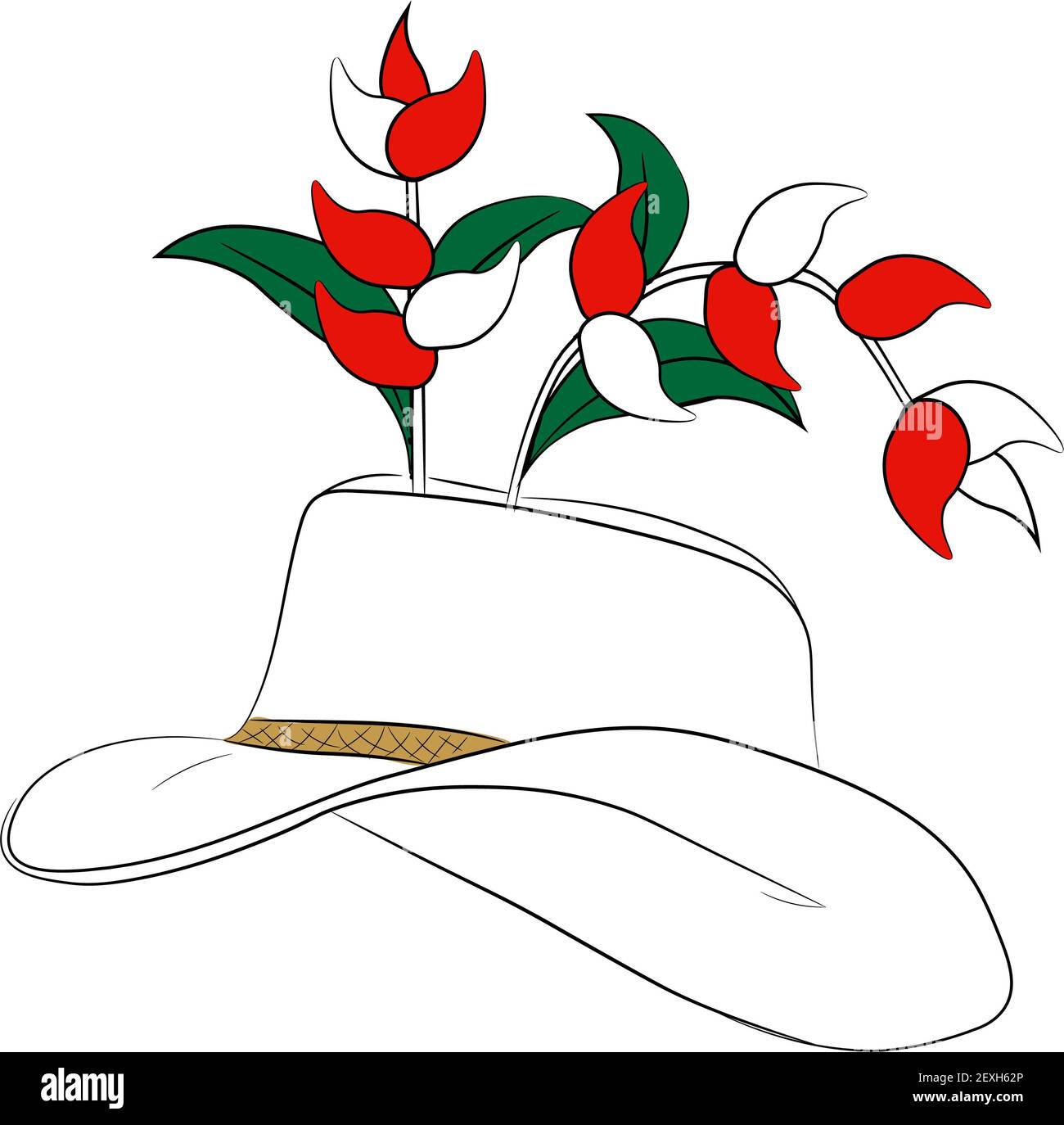 illustrazione cappello vueltiao tipico della cultura colombiana, fiori di eliconio che escono dal cappello. fiore colombiano tipico, fiore di eliconio. traditi Foto Stock