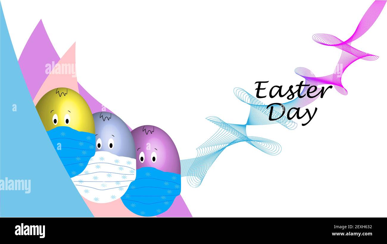 illustrazione con 3 uova di pasqua con espressioni facciali utilizzando maschera medica, con sfondo bianco e linee astratte colorate e un giorno di pasqua s. Foto Stock