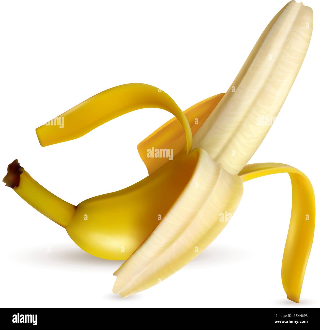 Semi-pelato maturo banana closeup appetitoso realistico immagine sfondo bianco illustrazione vettoriale con ombra luminosa Illustrazione Vettoriale