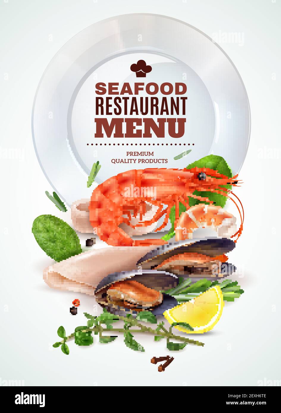 Menu ristorante di pesce poster realistico con gamberi calamari cozze fresche erbe spezie cocktail marini ingredienti illustrazione vettoriale Illustrazione Vettoriale