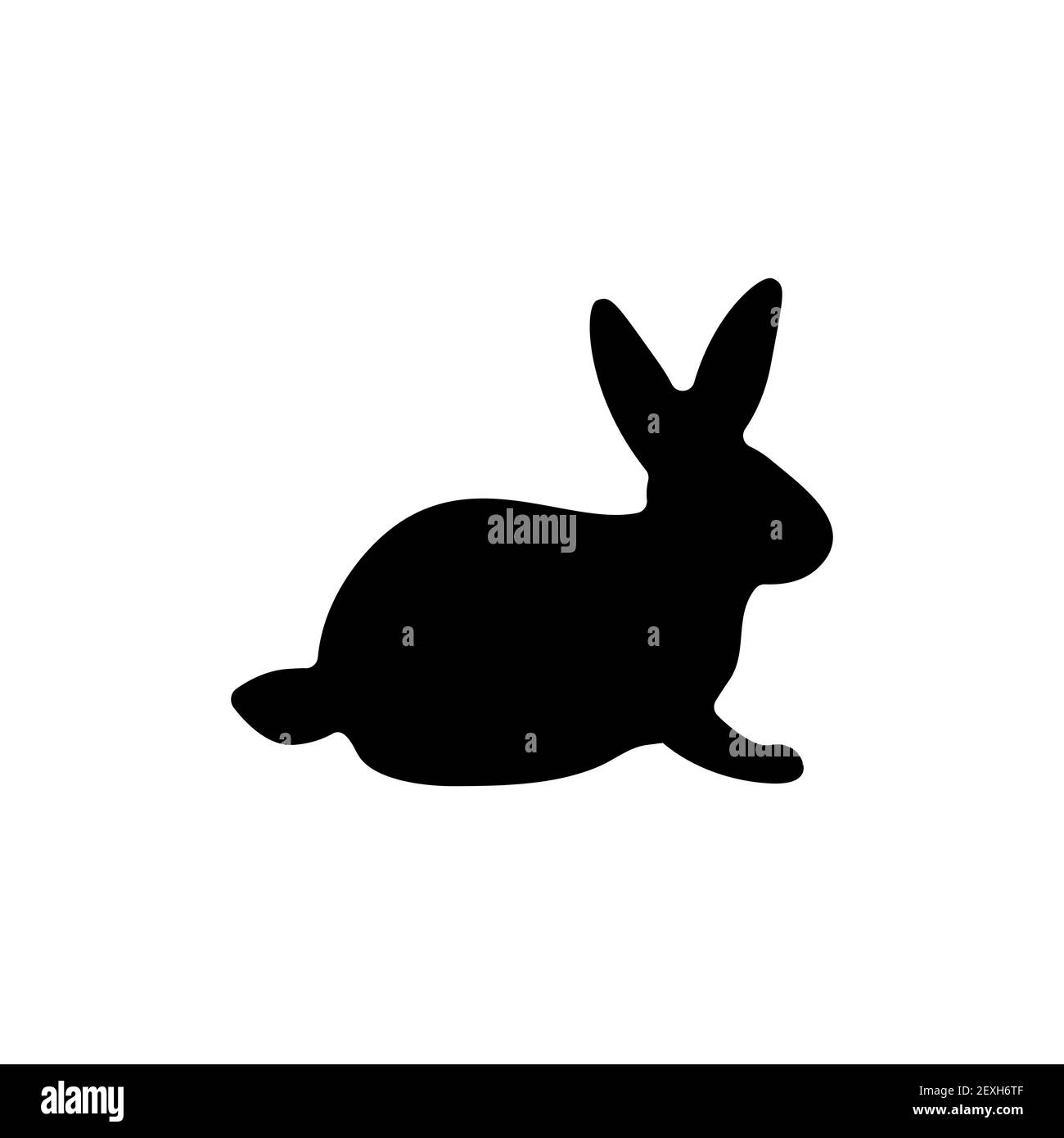 Illustrazione vettoriale di un coniglio seduto accovacciato a terra. Silhouette nera di lepre su sfondo bianco Illustrazione Vettoriale