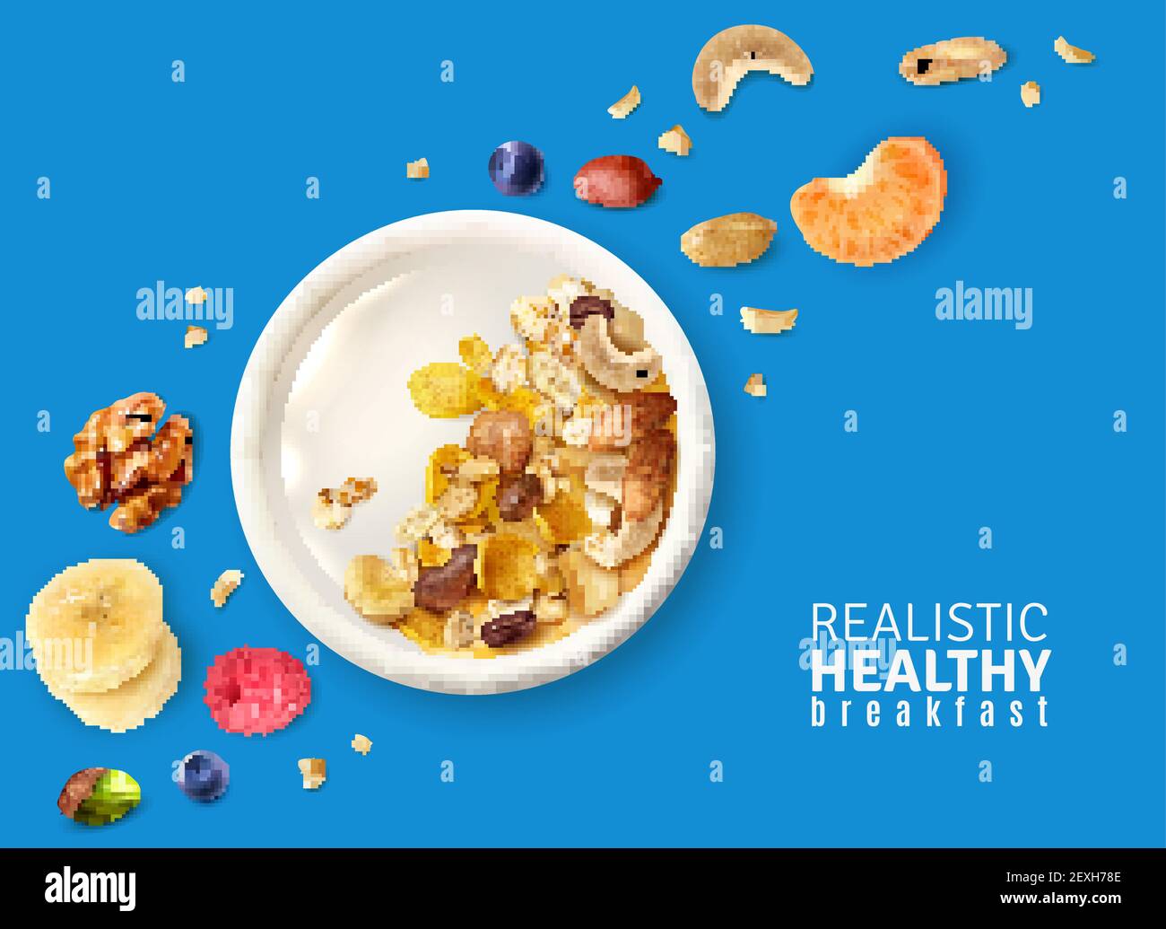 Muesli sana prima colazione piatto vista dall'alto composizione realistica  con banana mandarino noci bacche colore sfondo illustrazione vettoriale  Immagine e Vettoriale - Alamy