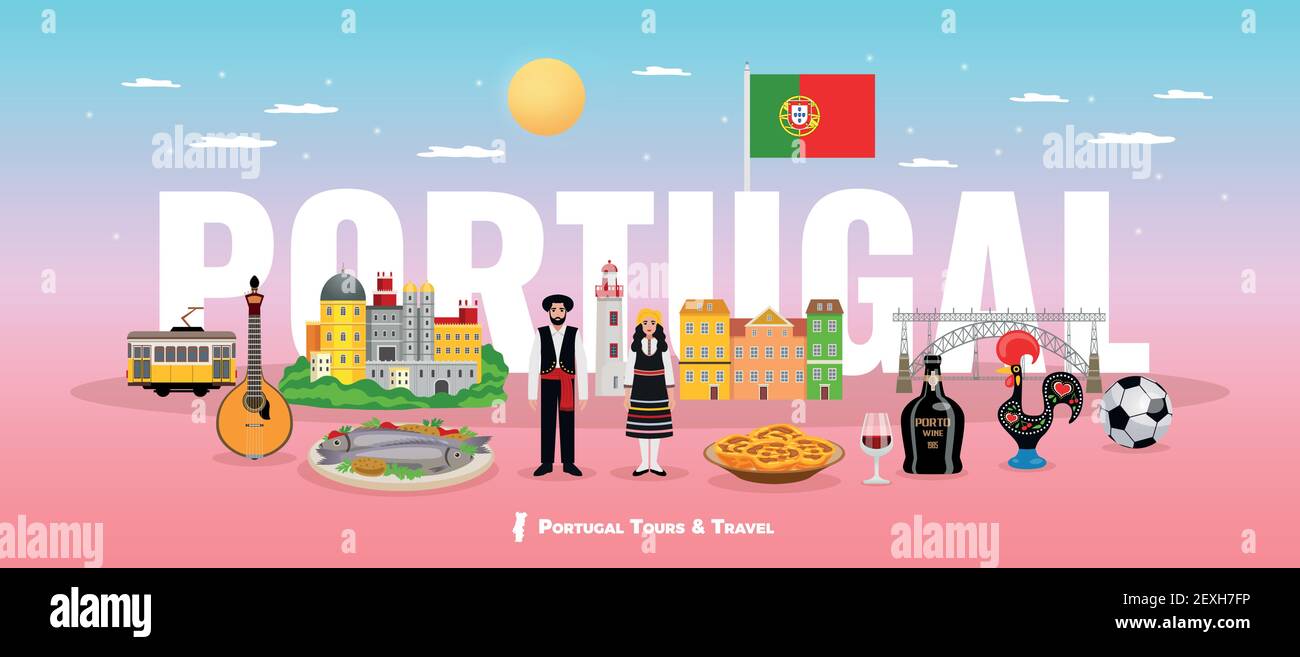 Concetto di turismo del Portogallo con cucina gente e simboli di vista piatta illustrazione vettoriale Illustrazione Vettoriale