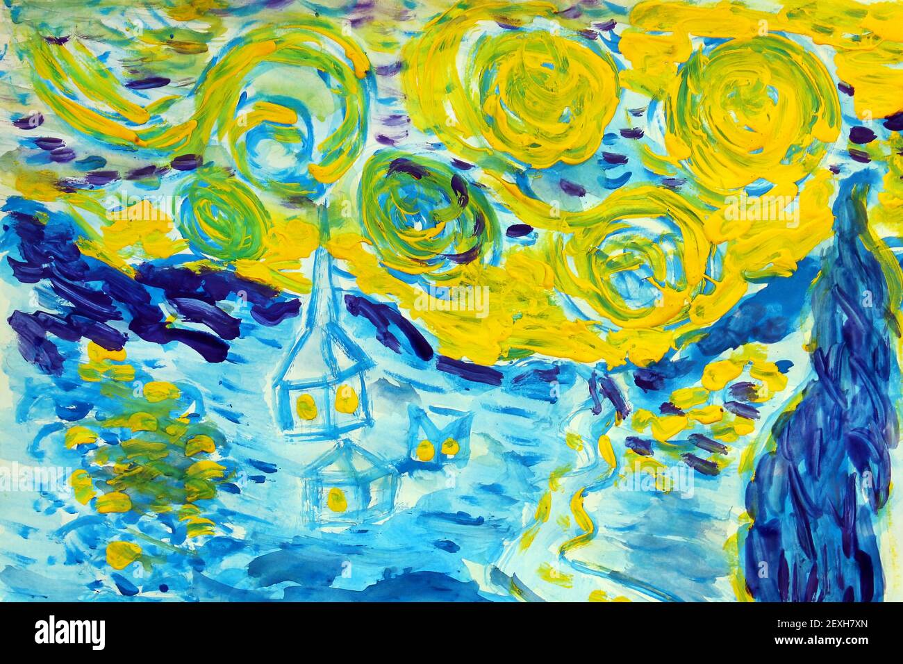 Notte stellata acquerello pittura neve inverno e silhouette di case Colori blu e giallo nello stile di Vincent Van Gog Foto Stock