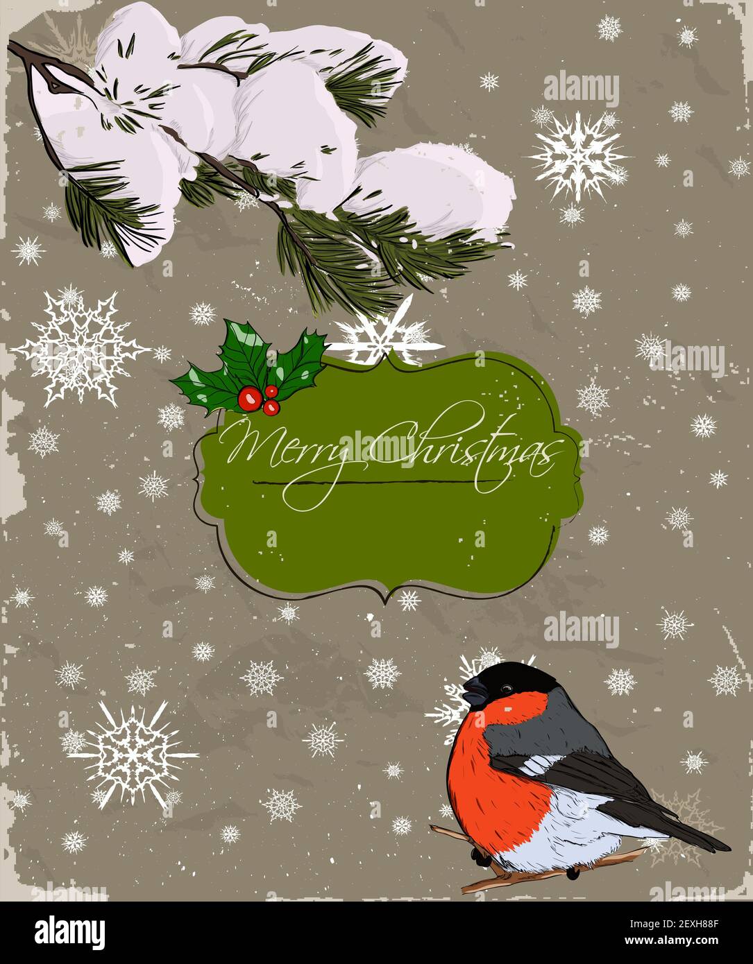 Scheda di Natale con bullfinch. Foto Stock