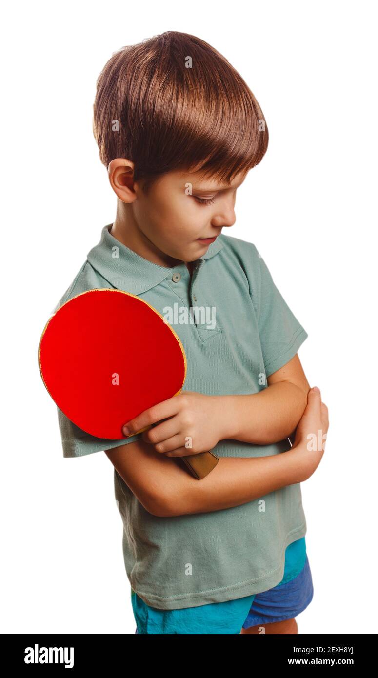 Atleta ragazzo sconvolto perso tavolo tennis ping pong isolato o Foto Stock