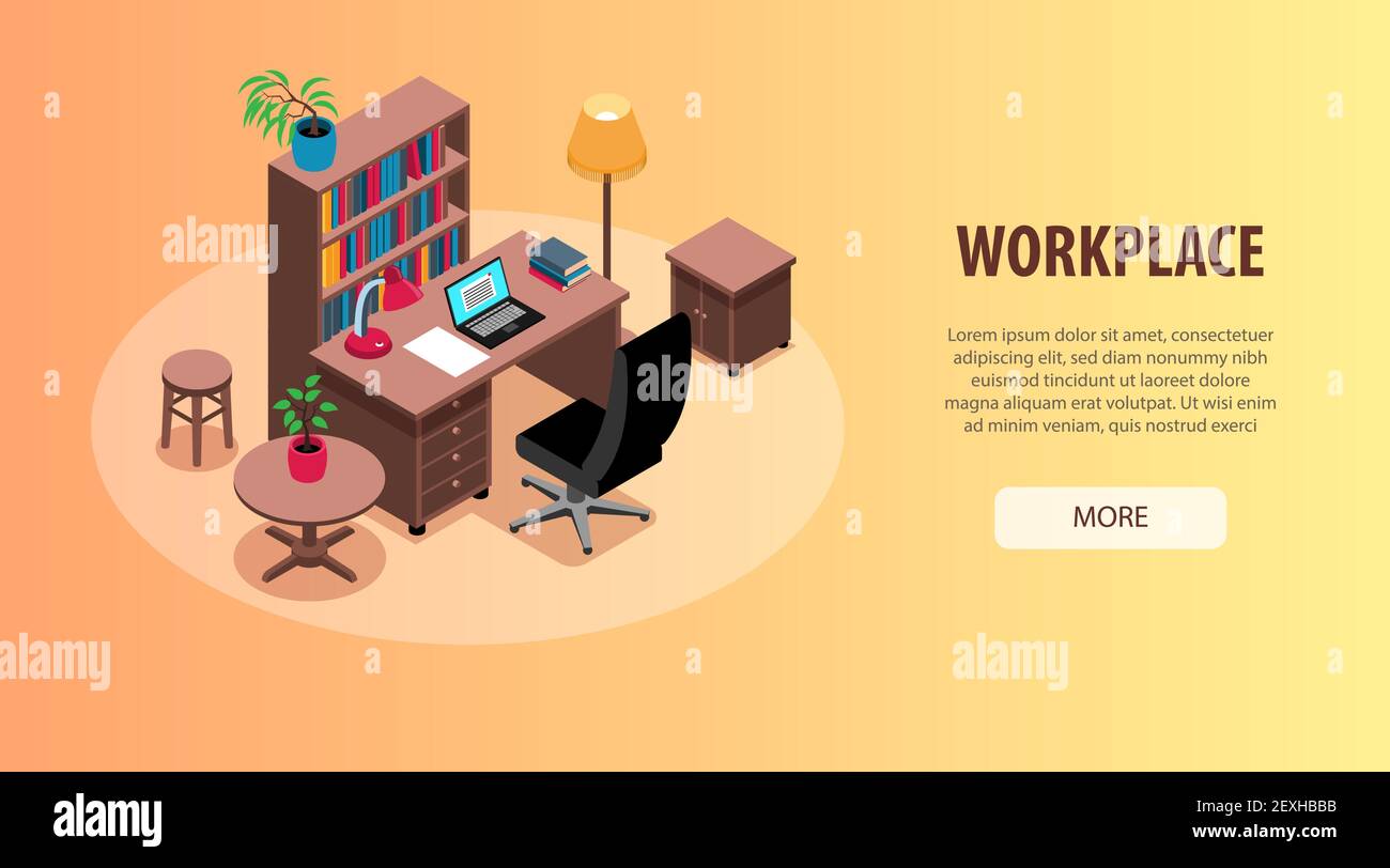 Home Office studio luoghi di lavoro interior organizzazione idee isometriche web orizzontale banner con illustrazione vettoriale per l'illuminazione della libreria da tavolo Illustrazione Vettoriale