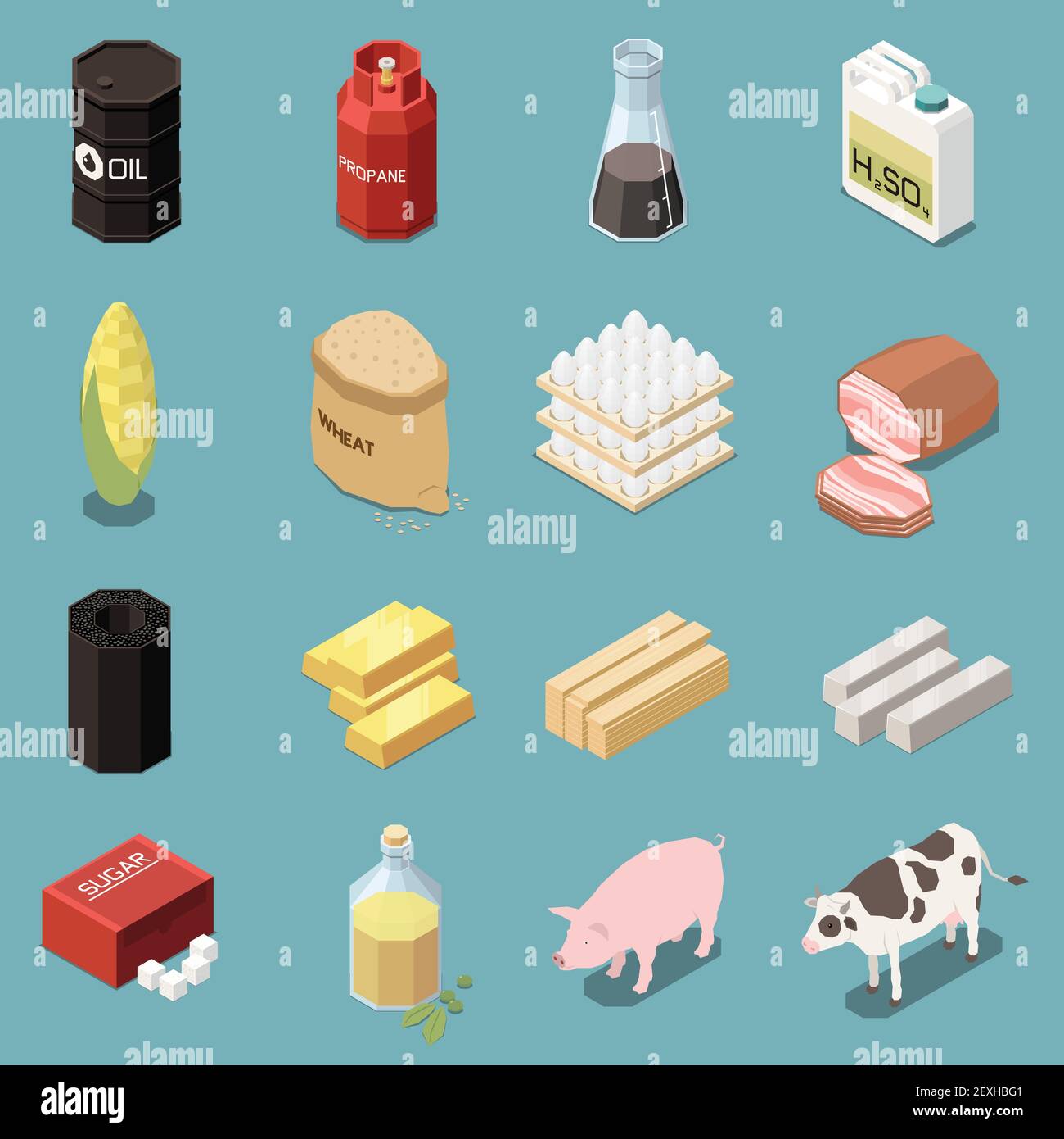 Icone merci raccolta isometrica di sedici immagini con industriale e. prodotti fabbricati con animali e illustrazione vettoriale alimentare Illustrazione Vettoriale
