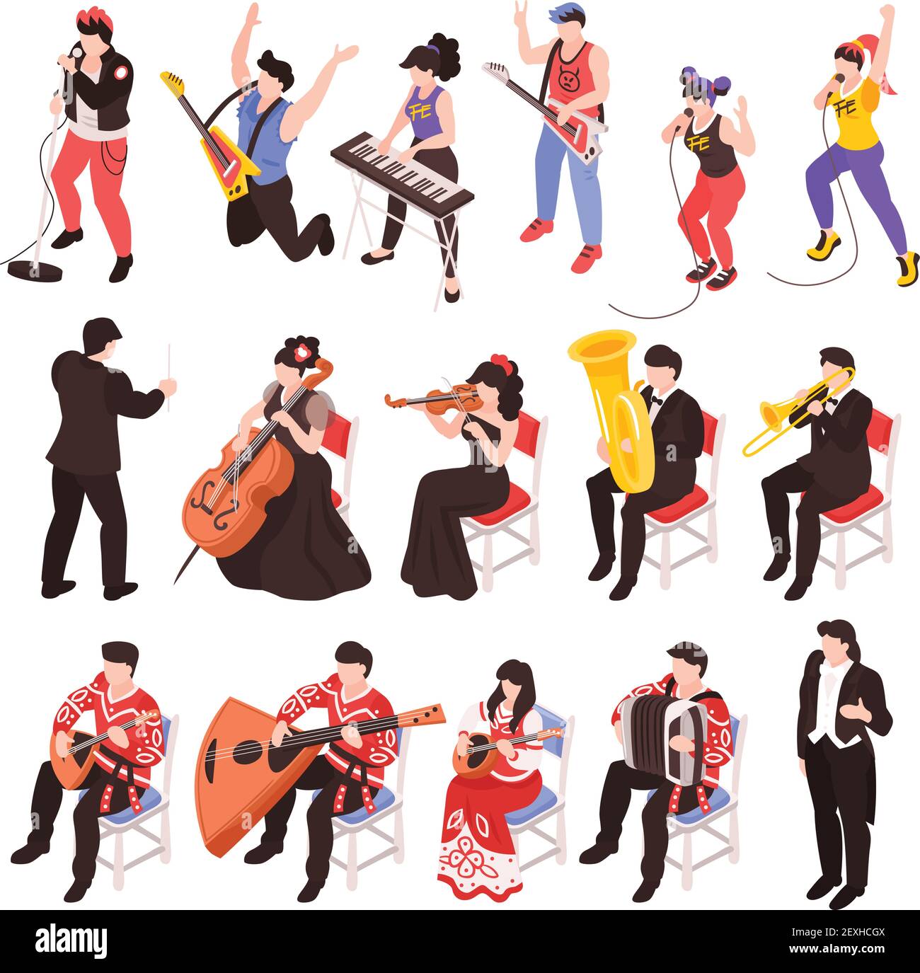 Musicisti che suonano strumenti musicali personaggi isometrici insieme con rock band violoncellista tromba classica jazz ensemble illustrazione vettoriale Illustrazione Vettoriale