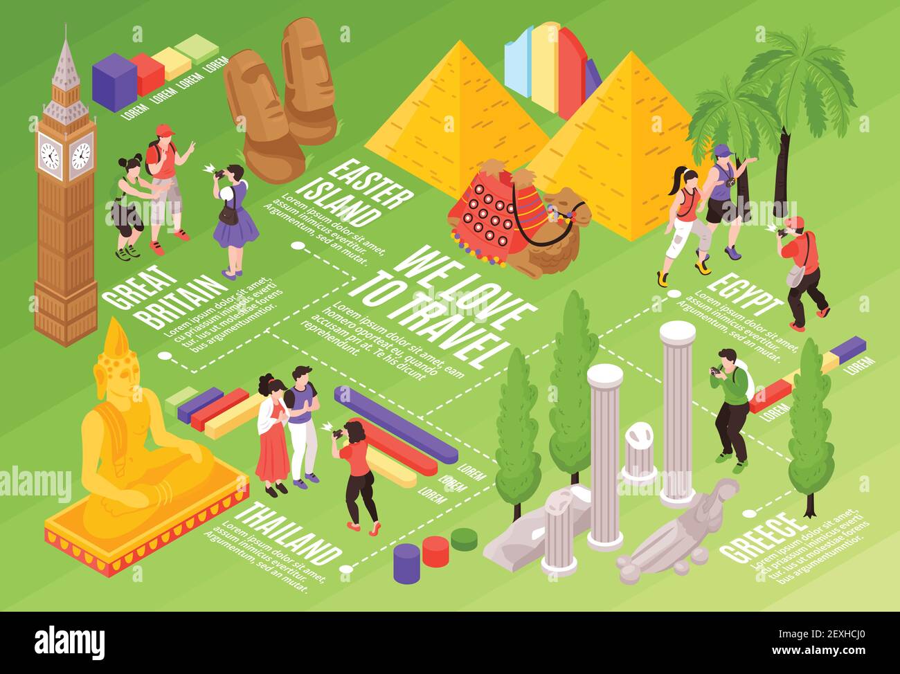 La migliore attrazione turistica del mondo composizione infografica isometrica con l'isola di pasqua punto di riferimento piramidi grandi ben viaggiatori diagrammi illustrazione vettoriale Illustrazione Vettoriale