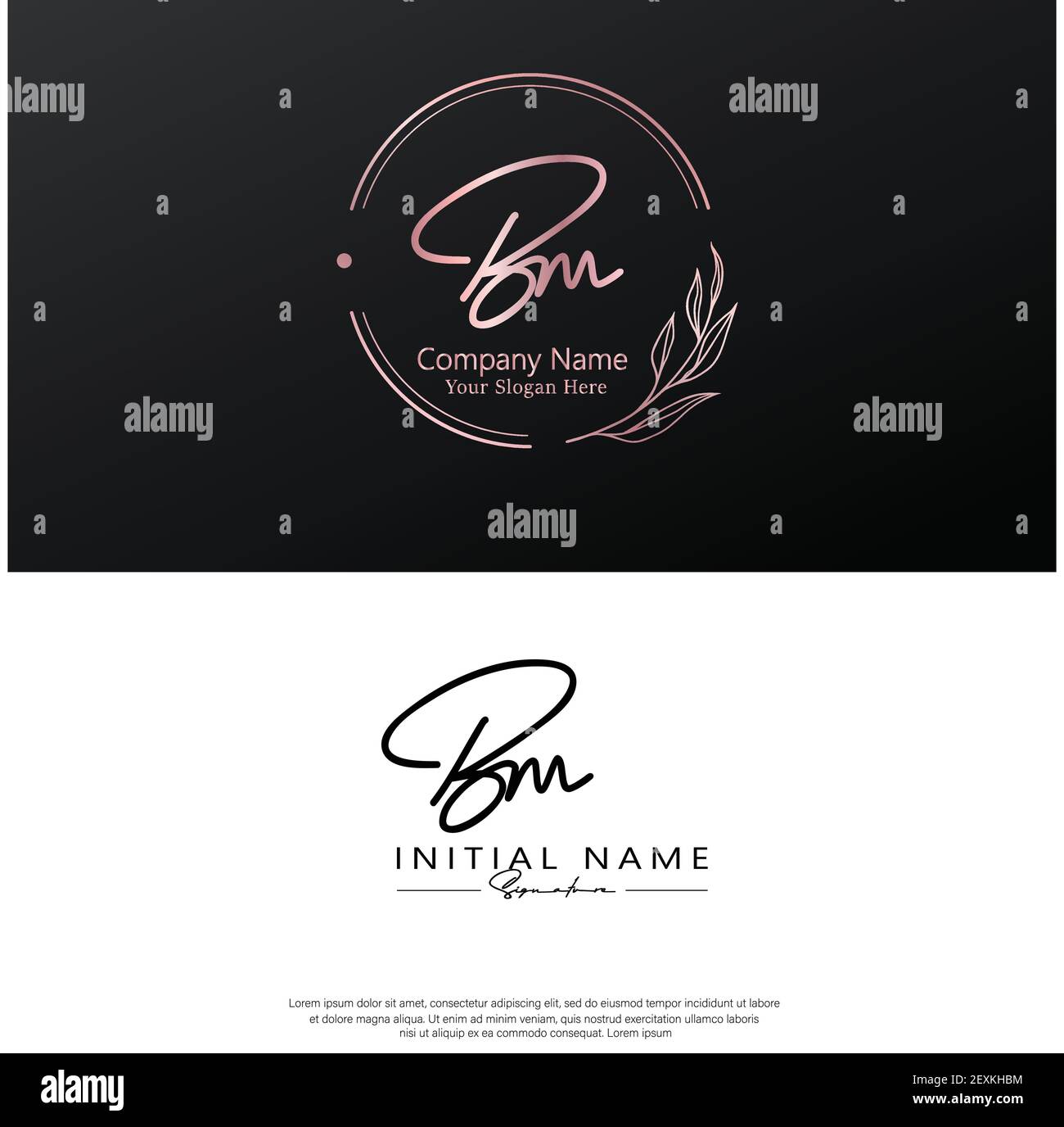 B M BM scrittura iniziale della lettera e logo della firma. Beauty Vector primo logo .Moda, boutique, floreale e botanico Illustrazione Vettoriale