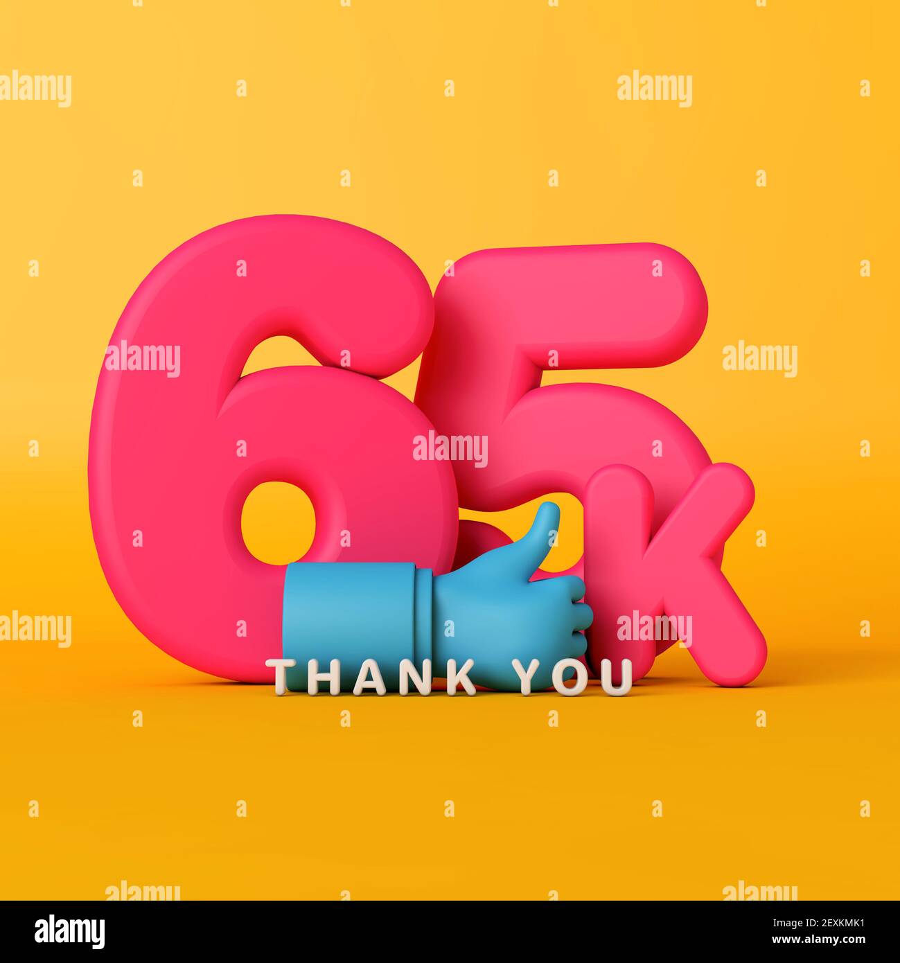 Grazie 65 mila seguaci. Banner sui social media. Rendering 3D Foto Stock