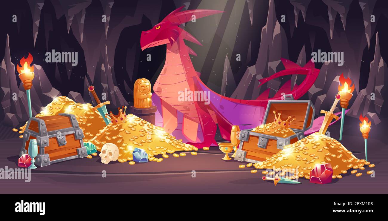 Grotta con drago rosso e tesoro, mucchi di monete d'oro, gioielli e gemme. Cartoni animati vettoriali illustrazione del tesoro fiabesco con gilet in legno, gemme e bestia magica con ali Illustrazione Vettoriale