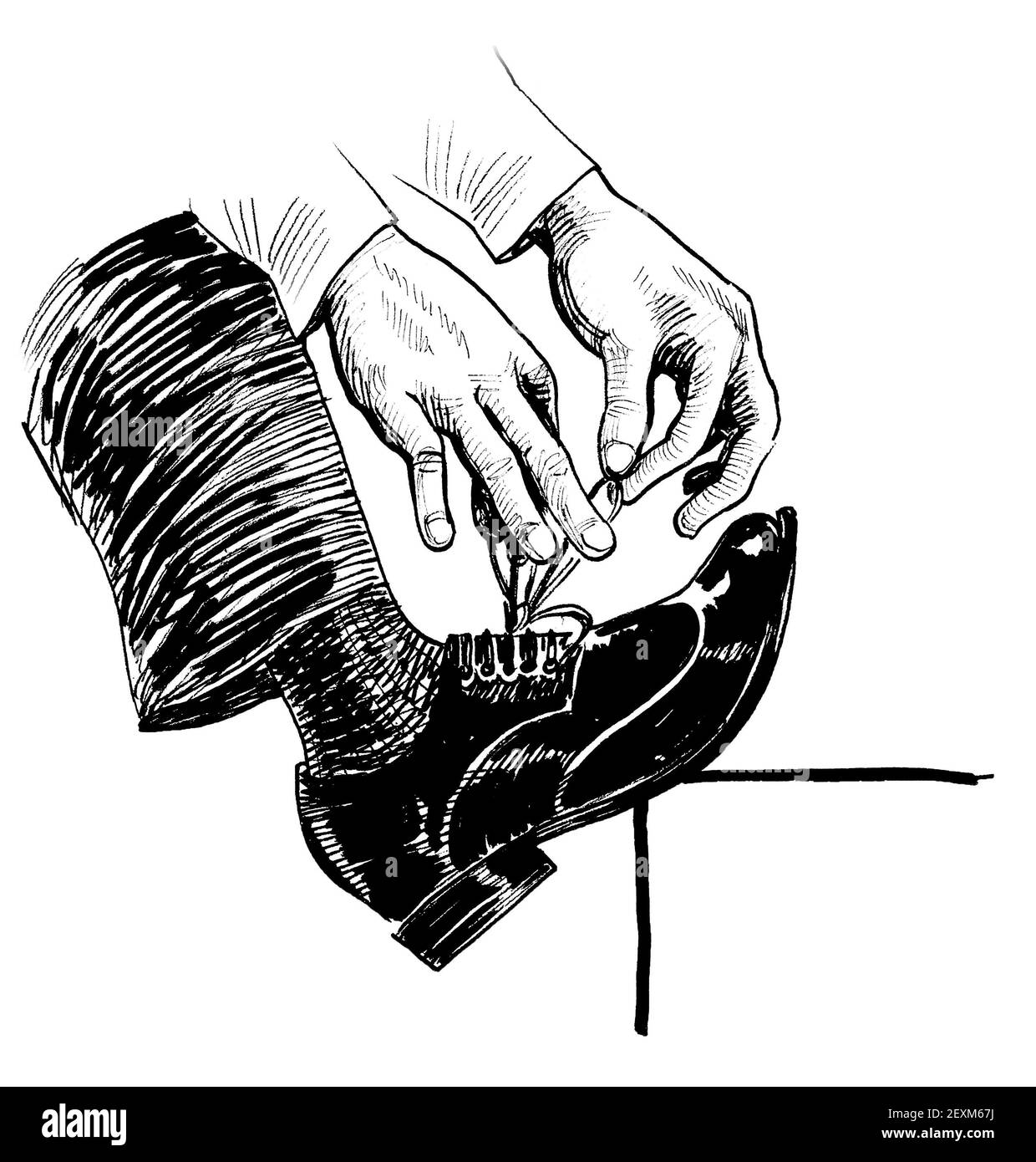 Lacci per legatura a mano su scarpe maschili classiche. Disegno in bianco e nero con inchiostro Foto stock Alamy