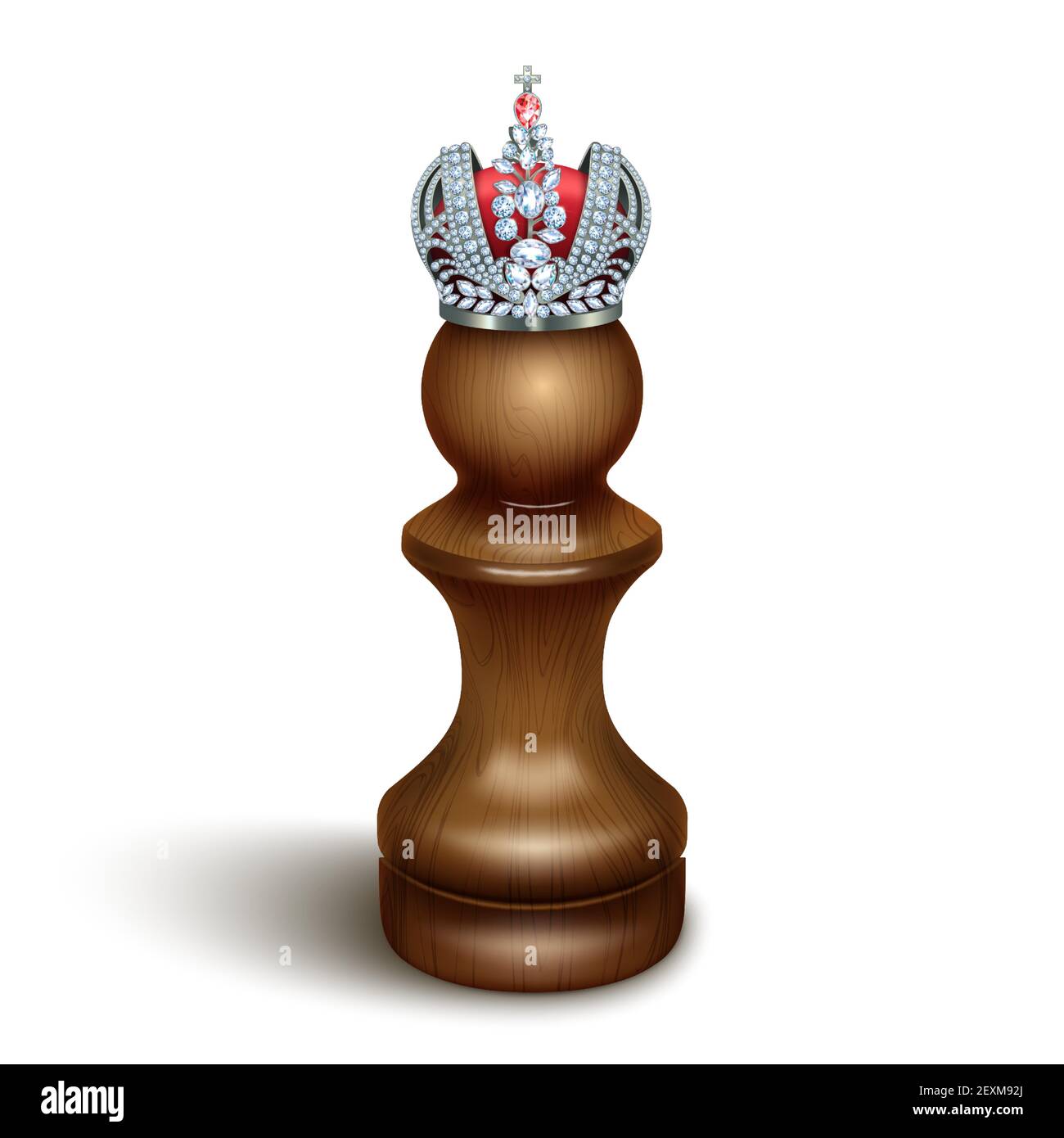 Una pedina con una corona sulla testa. Il concetto di successo, crescita personale, talenti nascosti. Isolato su sfondo bianco illustrazione realistica 3D. Vect Illustrazione Vettoriale