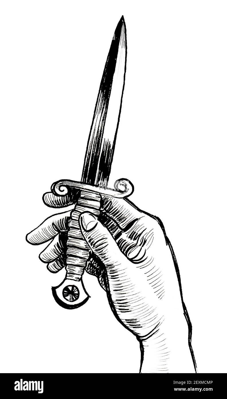 Pugnale che tiene la mano. Disegno in bianco e nero con inchiostro Foto Stock