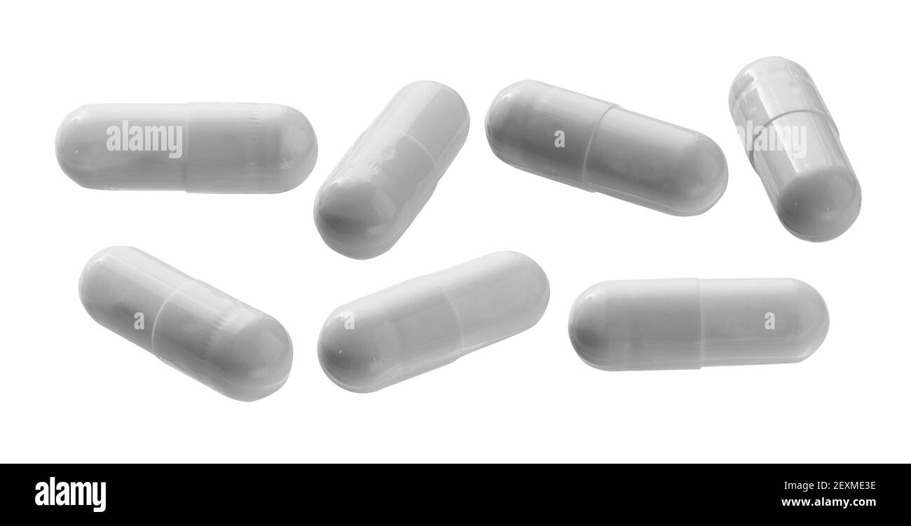 Una serie di capsule con il farmaco. Isolato su sfondo bianco Foto Stock
