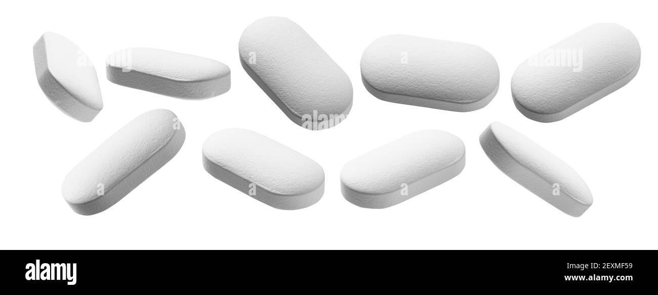 Un set di compresse bianche. Isolato su sfondo bianco Foto Stock