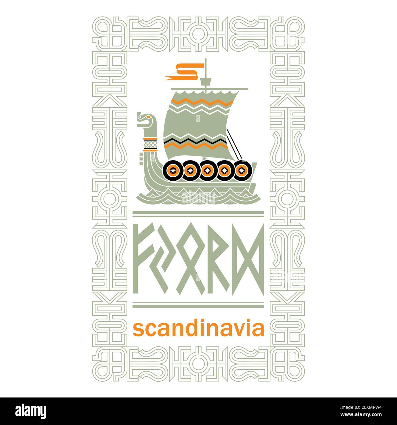 Design scandinavo vichingo. La nave vichinga è un Drakkar. Vecchio modello norreno e simboli runici Illustrazione Vettoriale