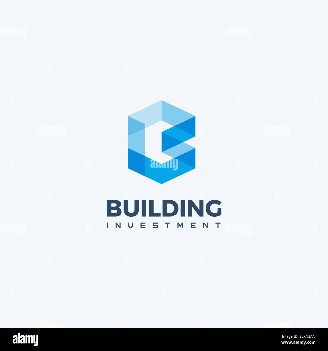 Logo geometrico blu, società di costruzioni che fornisce servizi per la progettazione di interni, edifici e strutture, modello di logo, illustrazione vettoriale. Illustrazione Vettoriale