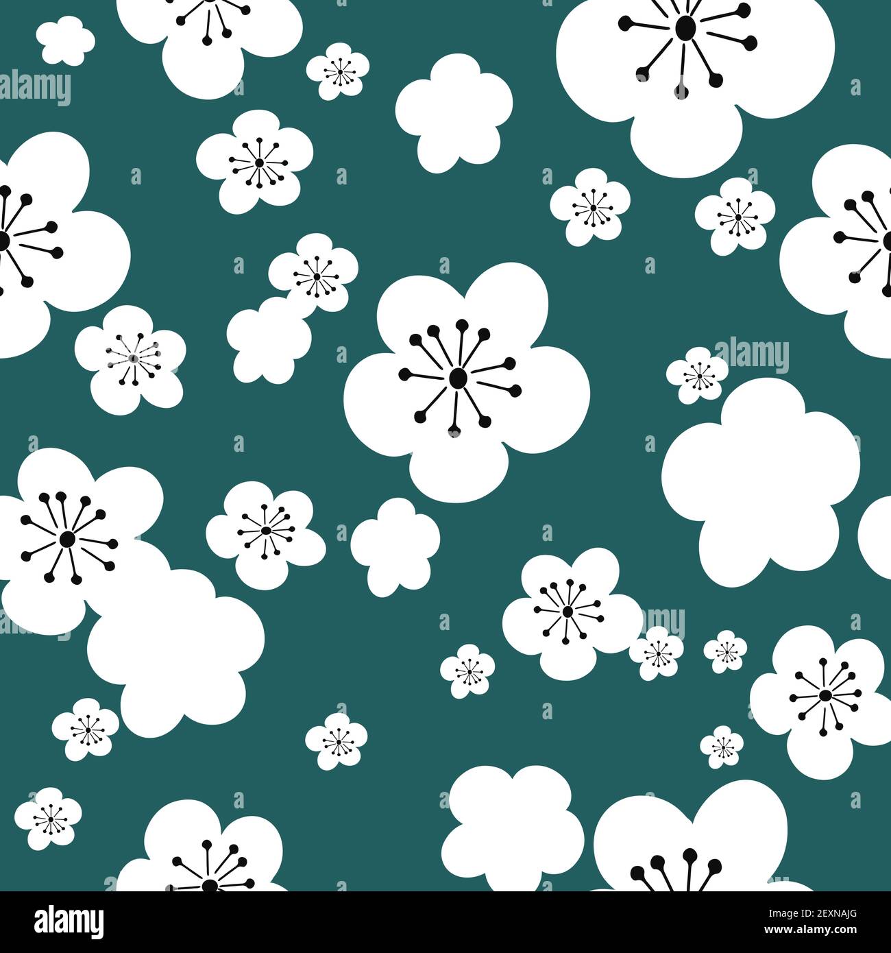 Vector sfondo verde bianco ciliegia fiori sakura, 60ies 70ies vintage fiori hippy, senza cuciture motivo sfondo Illustrazione Vettoriale