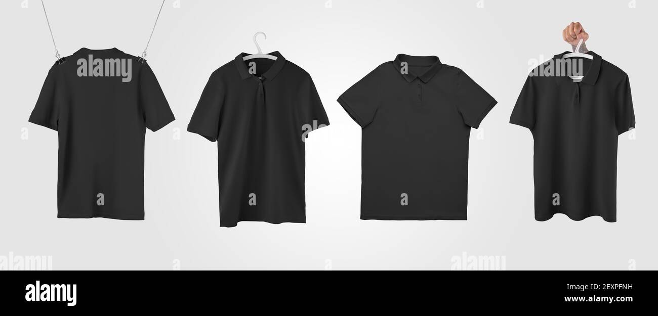 Un set di mockups di una polo maschile nera appesa su una corda, appendiabiti in mano per la presentazione del design. Modello di t-shirt alla moda con rughe isolato sullo schienale Foto Stock