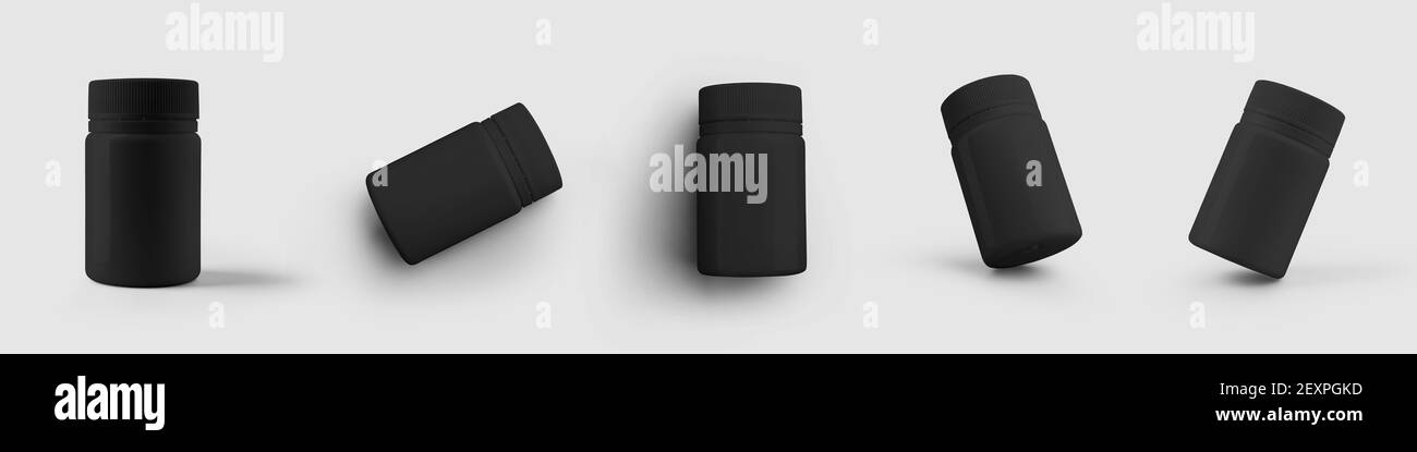 Set di mascherine di vasetti di plastica nera per pillola, contenitore con coperchio per crema, gel, vitamina, per la presentazione del design. Confezione mockup isolata su backgro Foto Stock