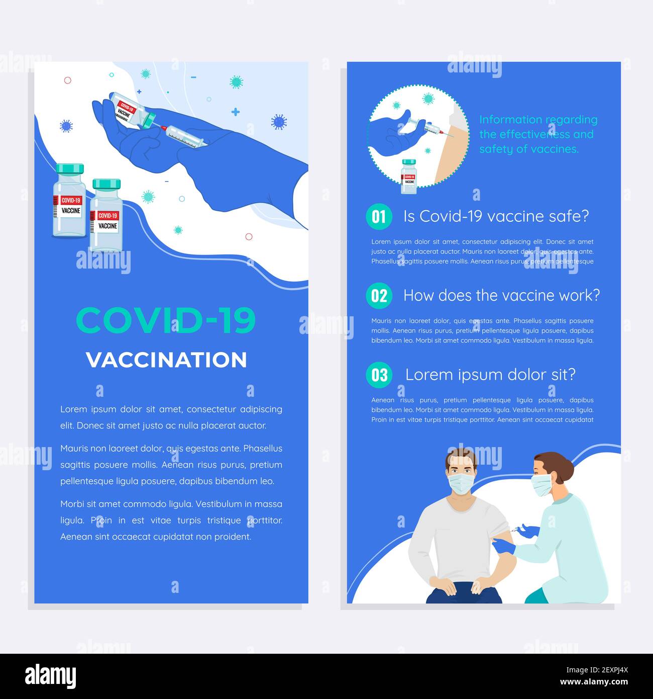 Vettore modello del vaccino del coronavirus Covid-19. Illustrazione Vettoriale