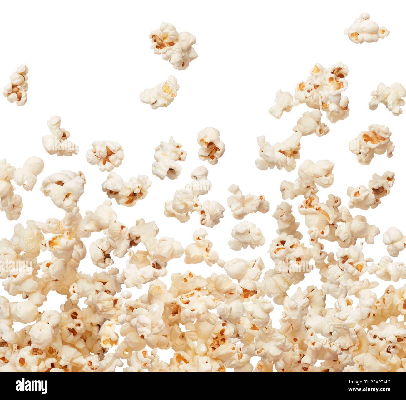 i popcorn esplodono o spruzzano su sfondo bianco Foto Stock