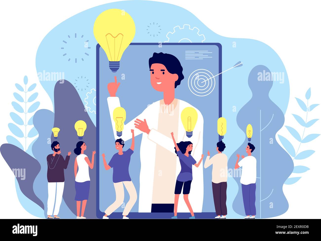 Idea lampadina. Brainstorming con il team di affari, la gente cerca la soluzione. Idee creative, leadership e concetto vettoriale del lavoro di squadra Illustrazione Vettoriale