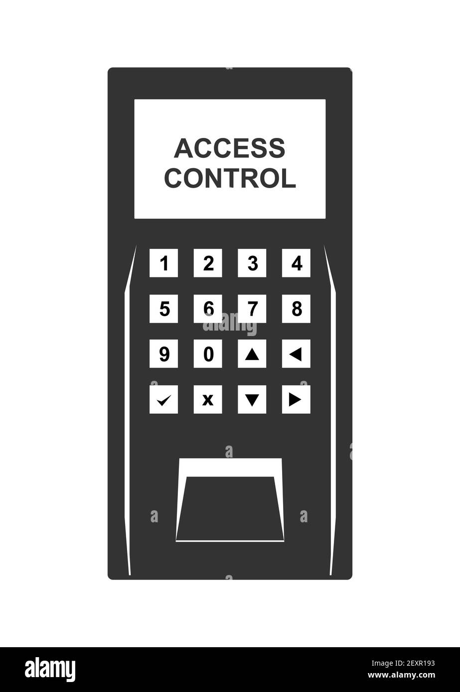 Illustrazione della macchina per il controllo biometrico dell'accesso. Icona di blocco di sicurezza elettronica nera con tastiera e lettore di impronte digitali. Illustrazione Vettoriale
