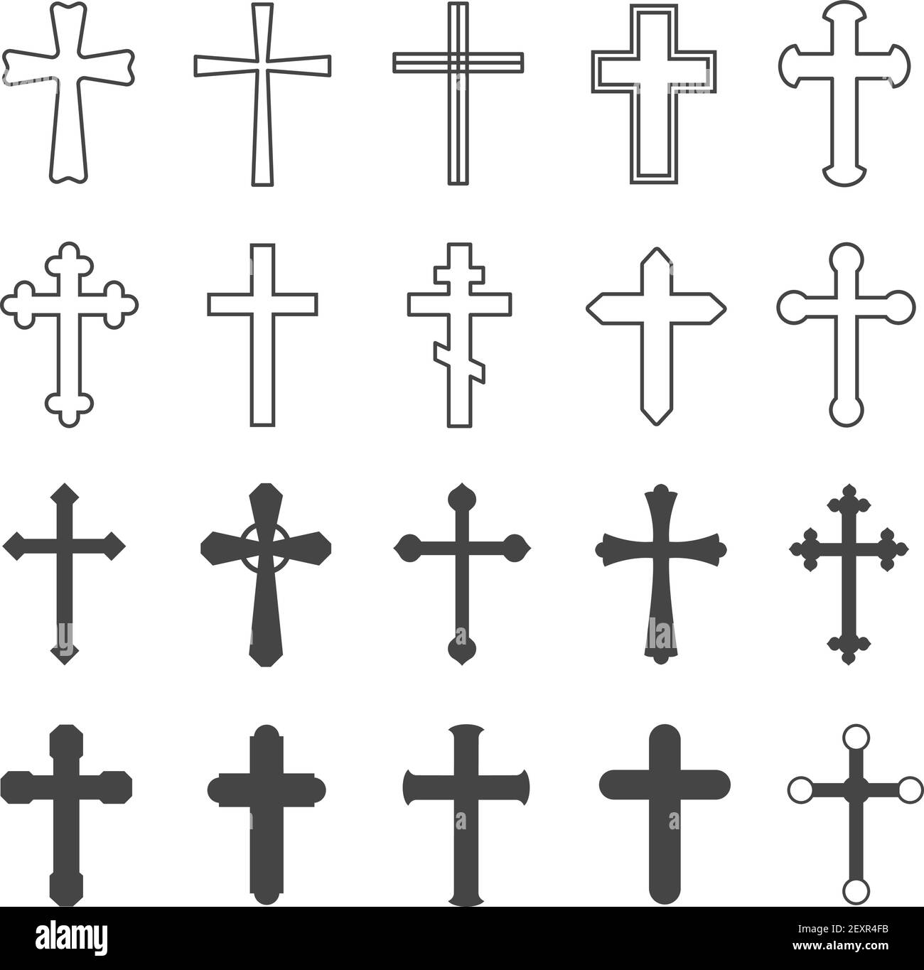 Croci cristiane. Religione crocifisso decorativo simbolo cattolico, chiesa ortodossa fede croce disegno, isolato piatto vettore insieme Illustrazione Vettoriale
