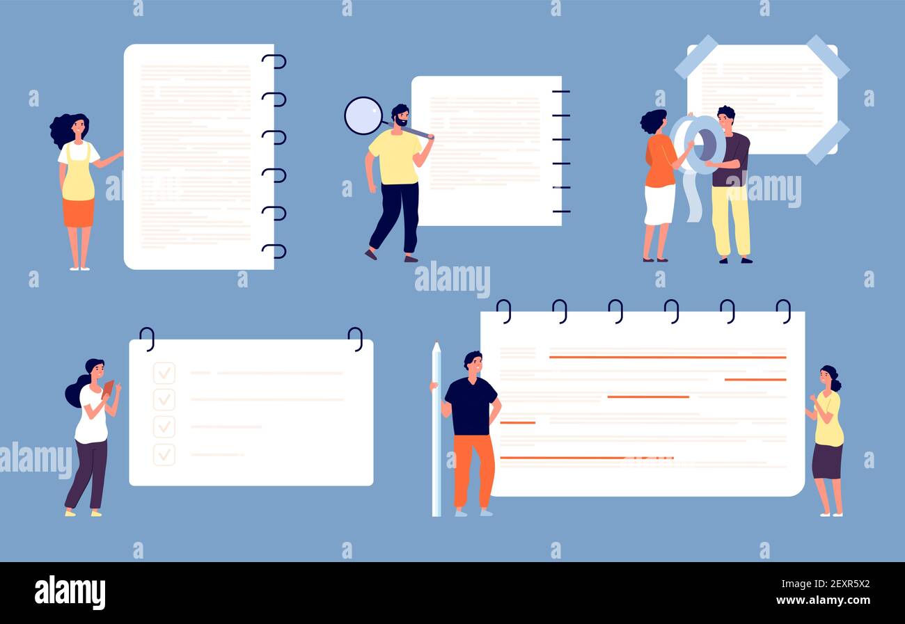 Le persone scrivono note. Piccoli uomini e donne con enormi fogli per notebook, forniture per ufficio e checklist concetto vettoriale Illustrazione Vettoriale