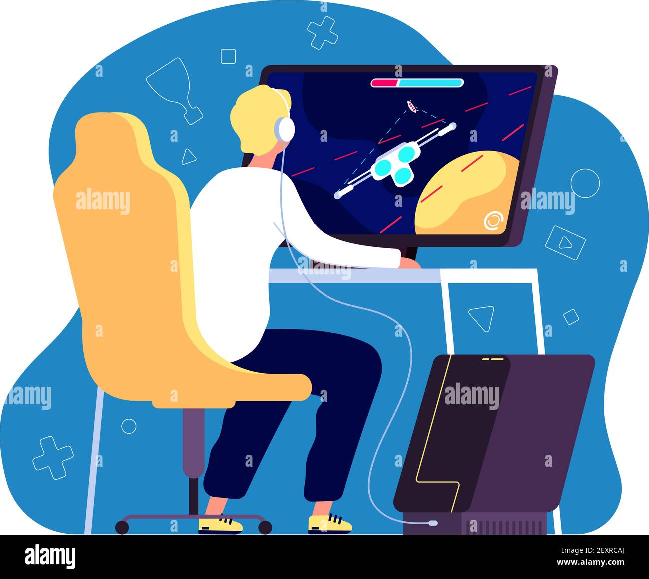 Giocatore di Cyber Sport. Evento professionale e sport torneo, giocatore al computer con video gioco live streaming su monitor concetto vettoriale. Illustrazione campionato professionale, gioco d'azzardo torneo Illustrazione Vettoriale